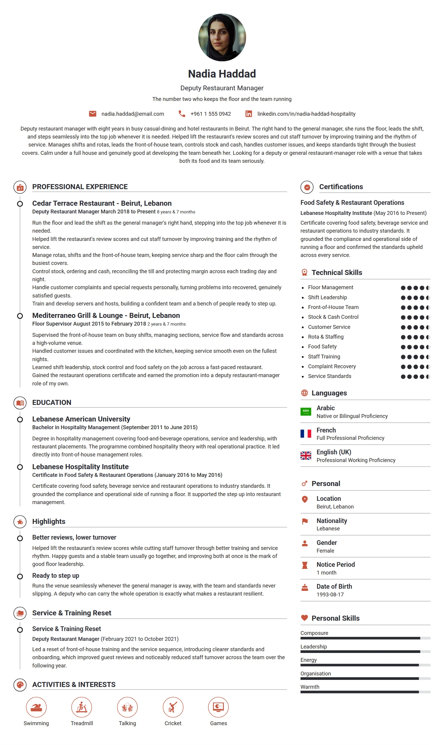 Deputy Restaurant Manager resume example — a professionally formatted Hospitality CV sample