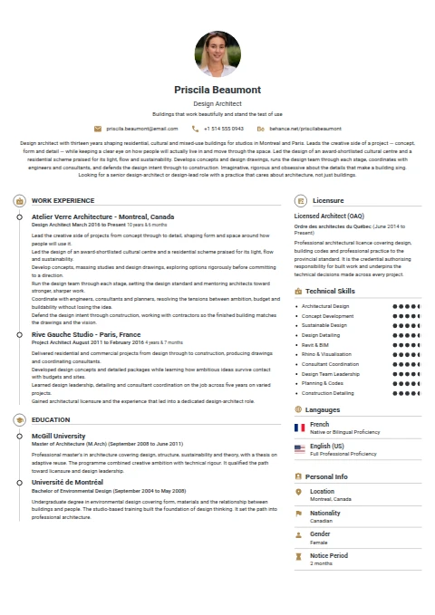 Design Architect resume example — a professionally formatted Art/Creative/Design CV sample