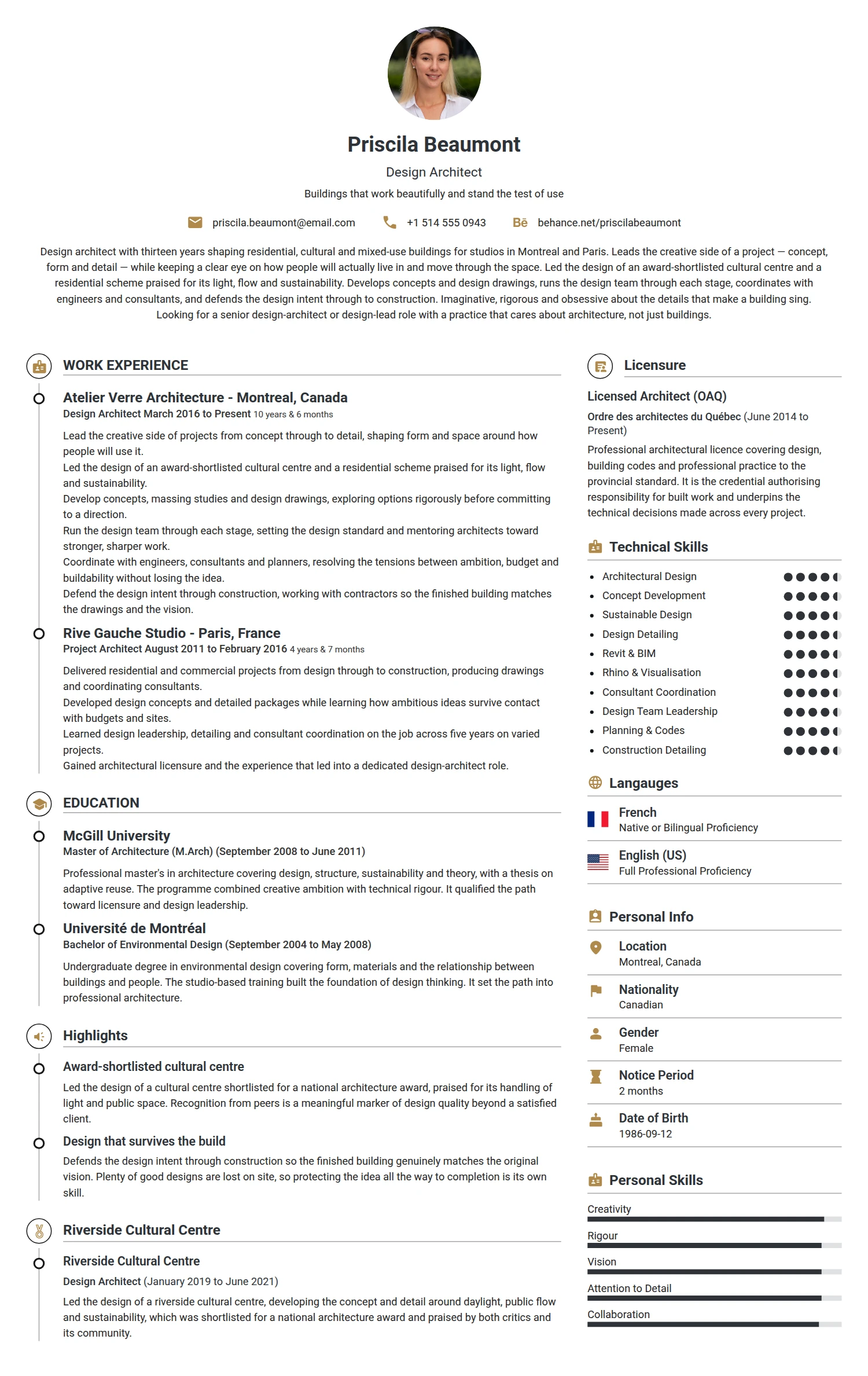 Design Architect resume example — a professionally formatted Art/Creative/Design CV sample
