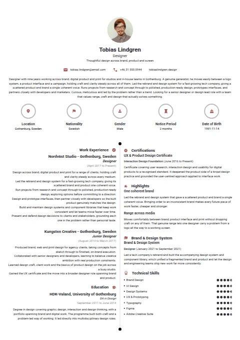 Designer resume example — a professionally formatted Art/Creative/Design CV sample