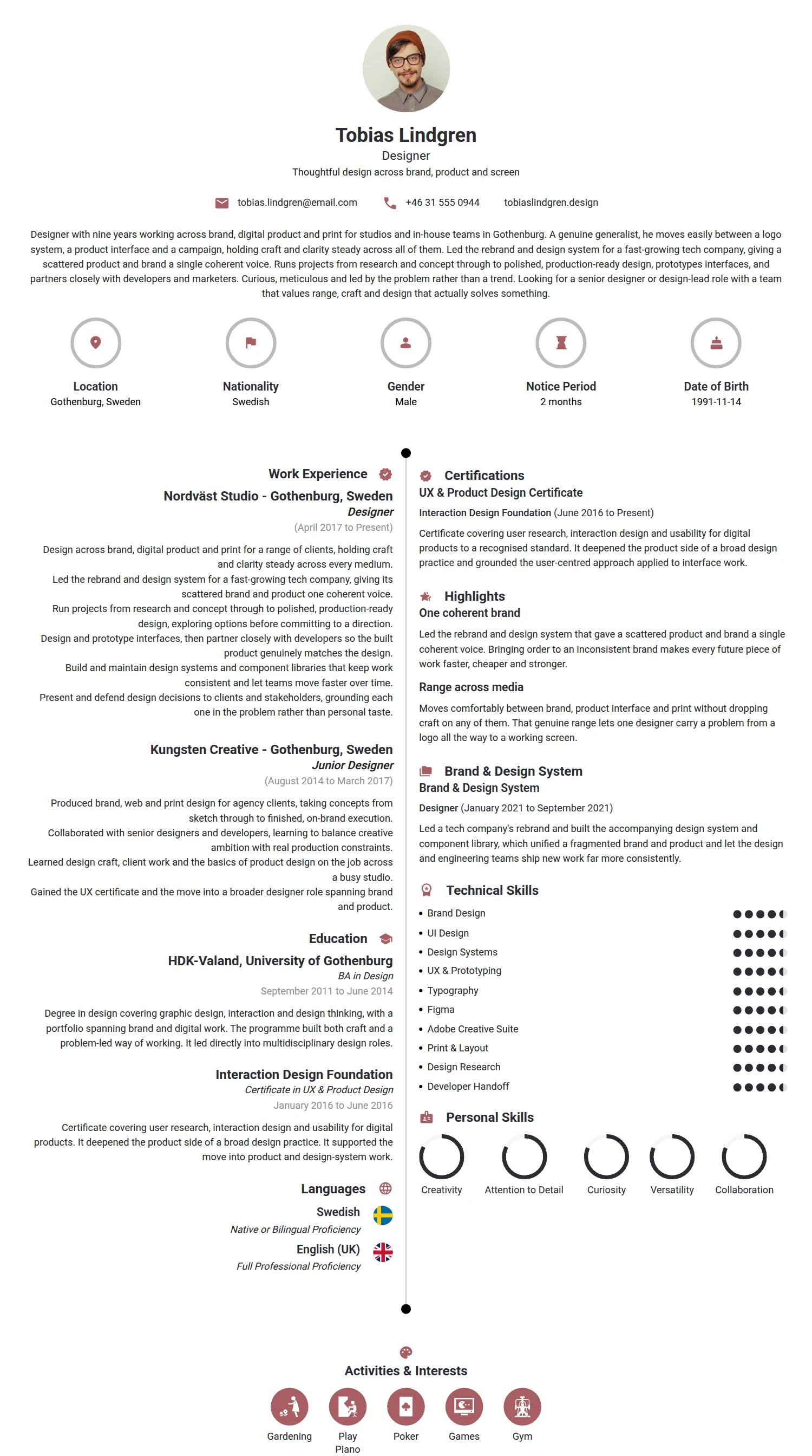 Designer resume example — a professionally formatted Art/Creative/Design CV sample