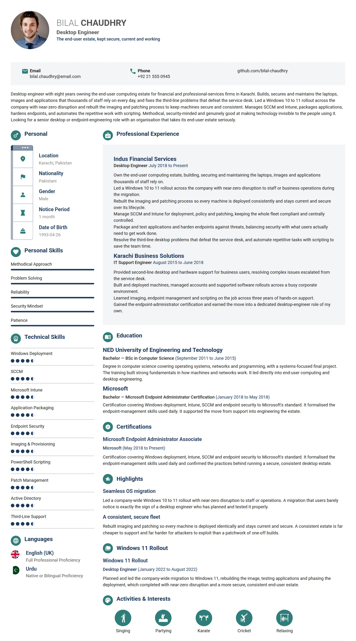 Desktop Engineer resume example — a professionally formatted Accounting/Auditing CV sample