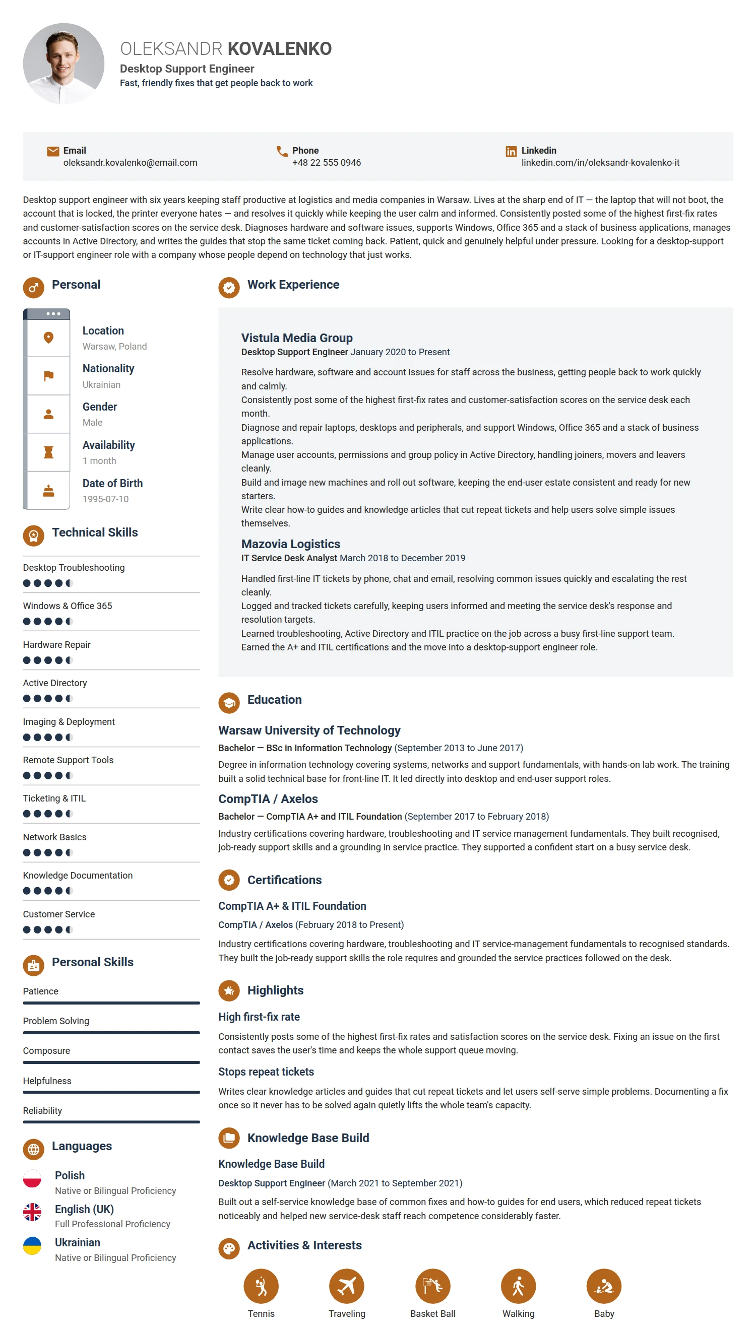 Desktop Support Engineer resume example — a professionally formatted Software Development & IT CV sample