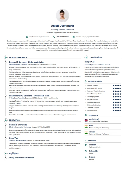 Desktop Support Executive resume example