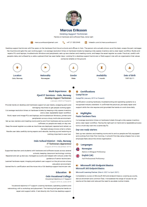 Desktop Support Technician resume example