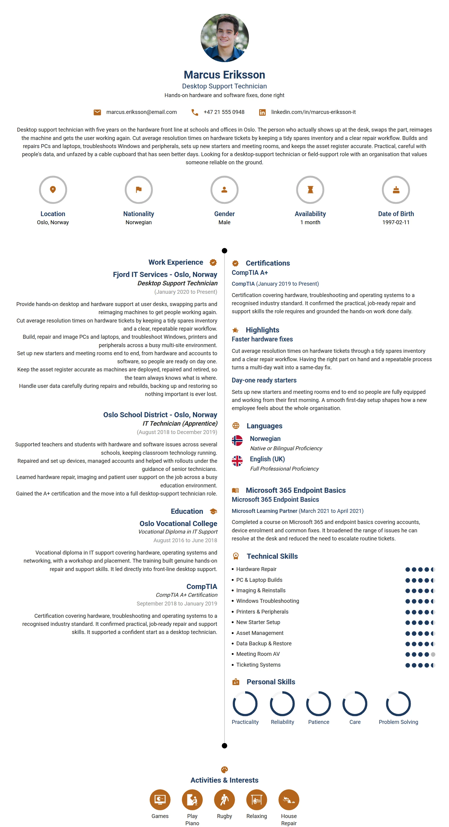 Desktop Support Technician resume example — a professionally formatted Software Development & IT CV sample