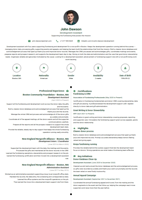 Development Assistant resume example — a professionally formatted Administration CV sample