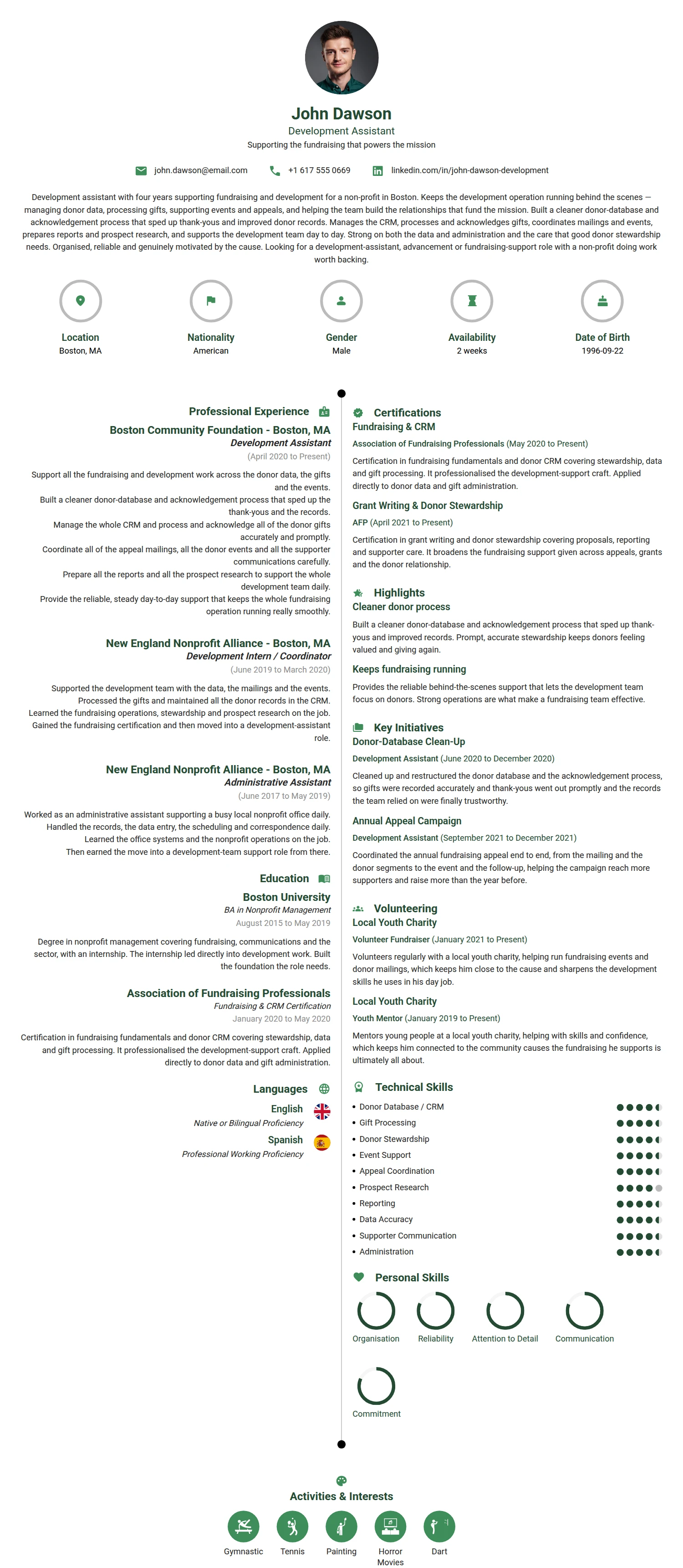 Development Assistant resume example — a professionally formatted Administration CV sample