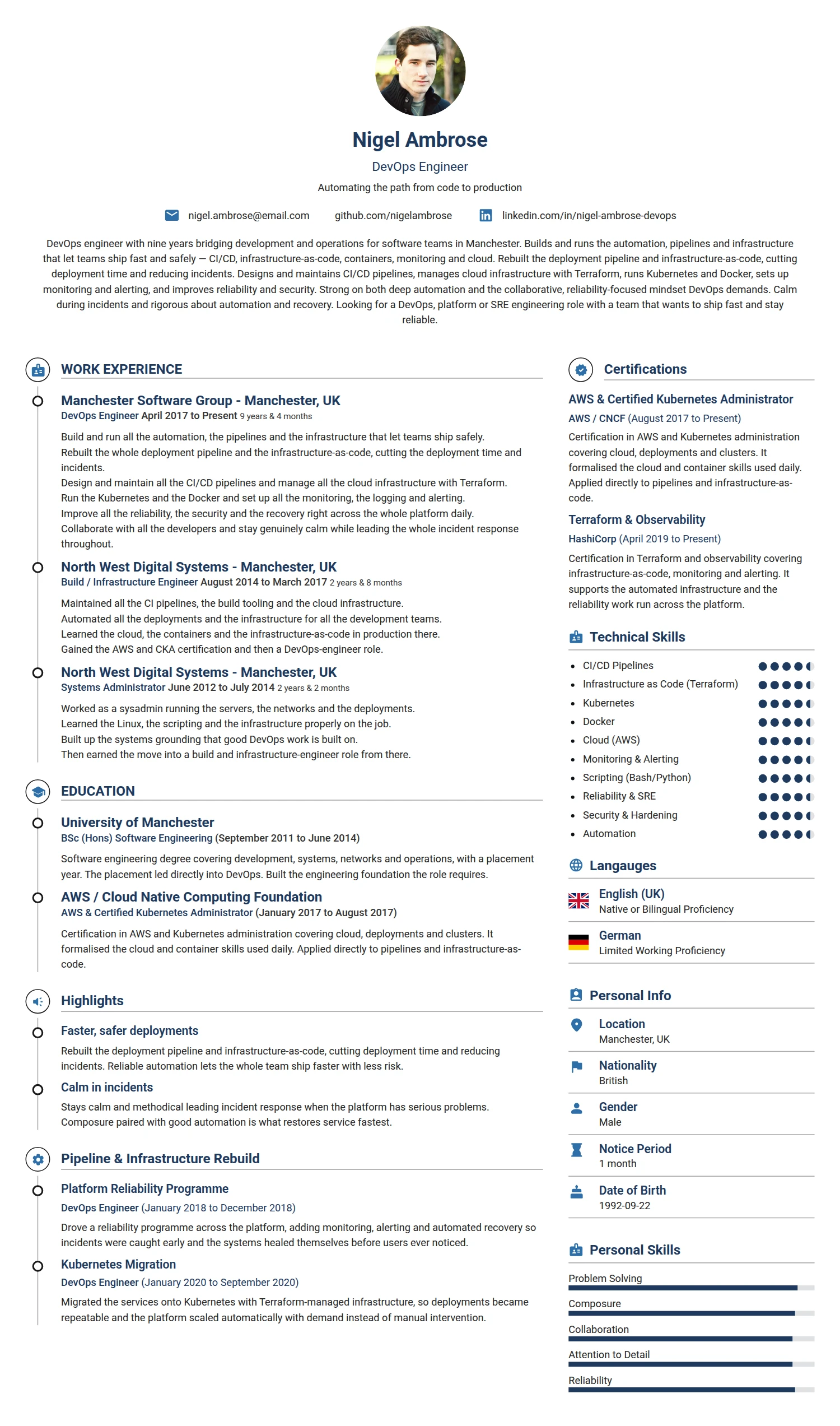 DevOps Engineer resume example — a professionally formatted Software Development & IT CV sample