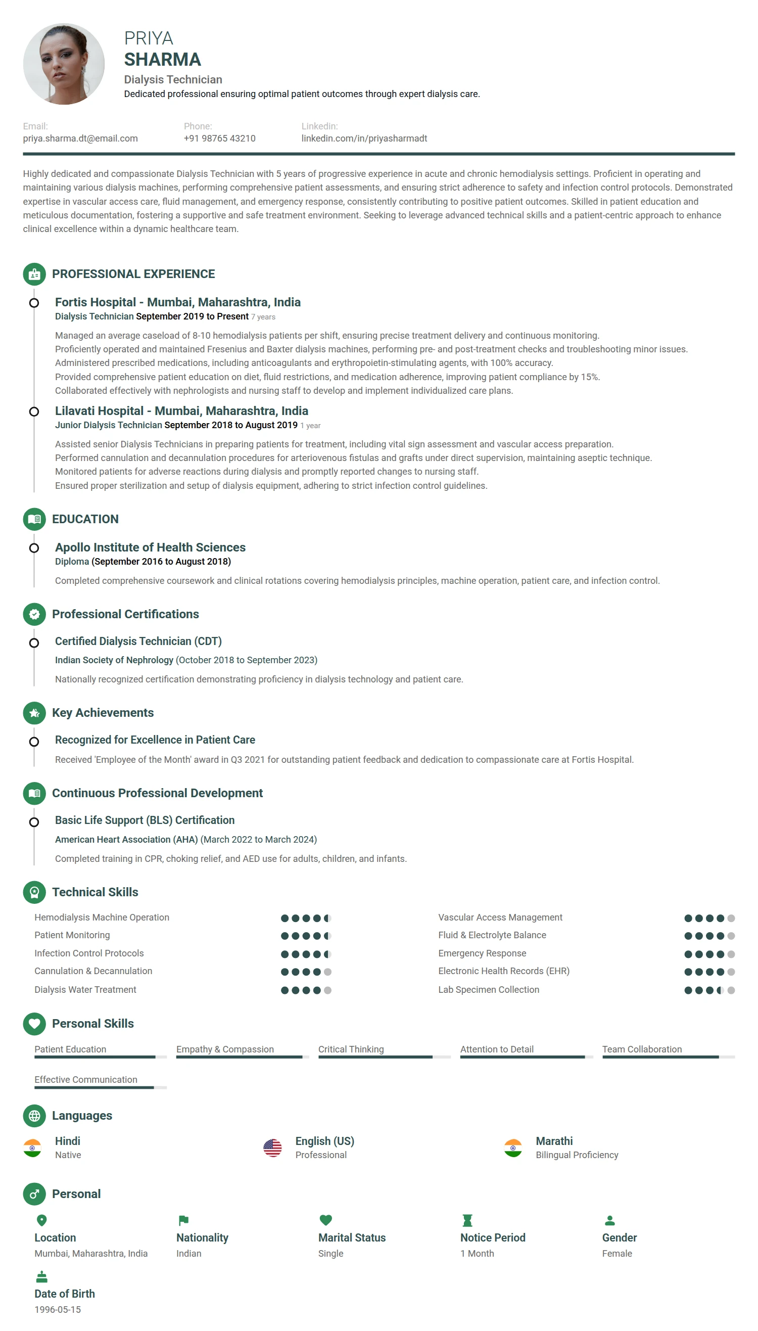 Dialysis Technician resume example — a professionally formatted Medical & Healthcare CV sample