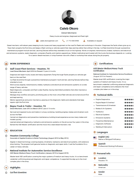 Diesel Mechanic resume example