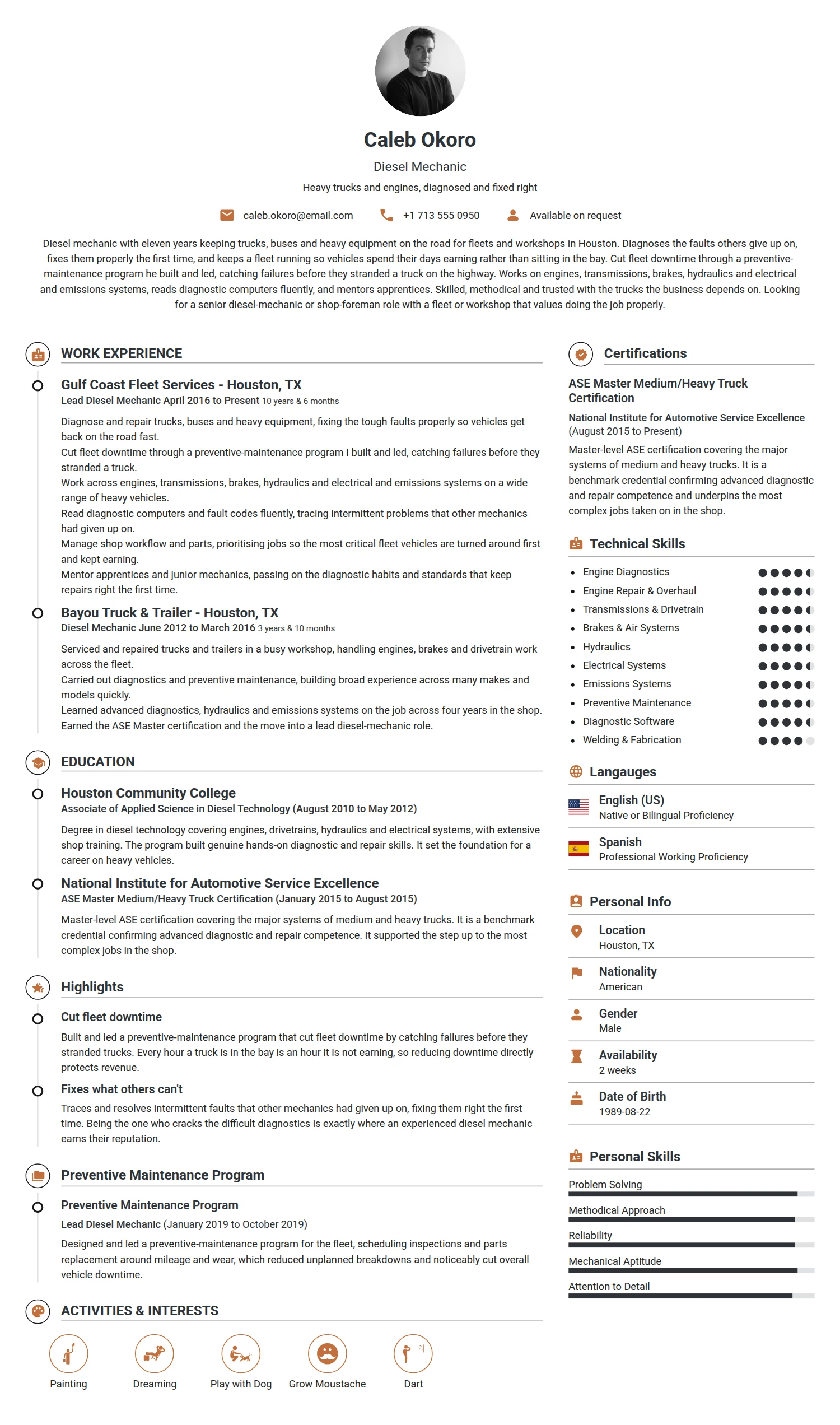 Diesel Mechanic resume example — a professionally formatted Maintenance/Repair CV sample