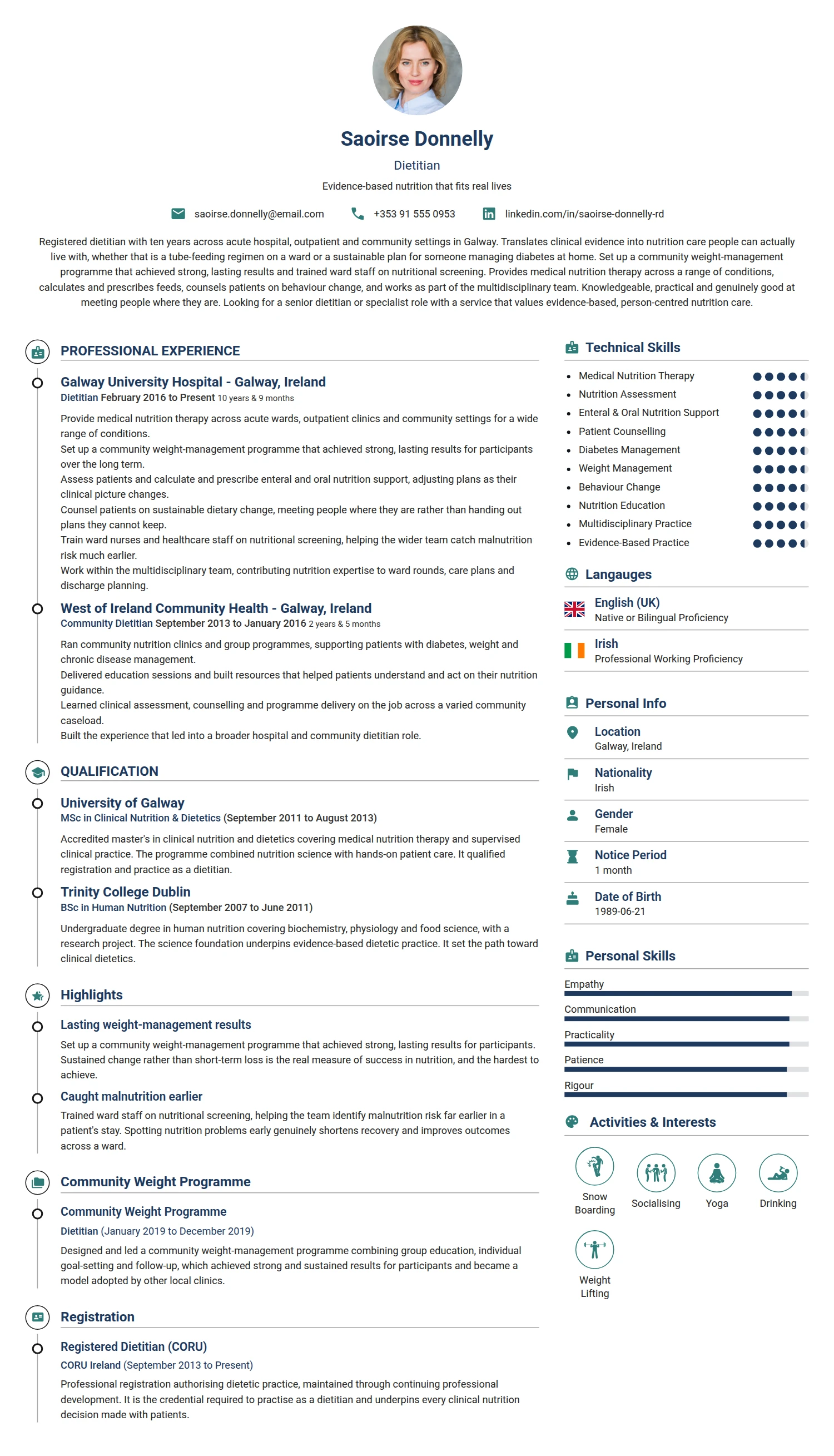 Dietitian resume example — a professionally formatted Sports & Fitness CV sample