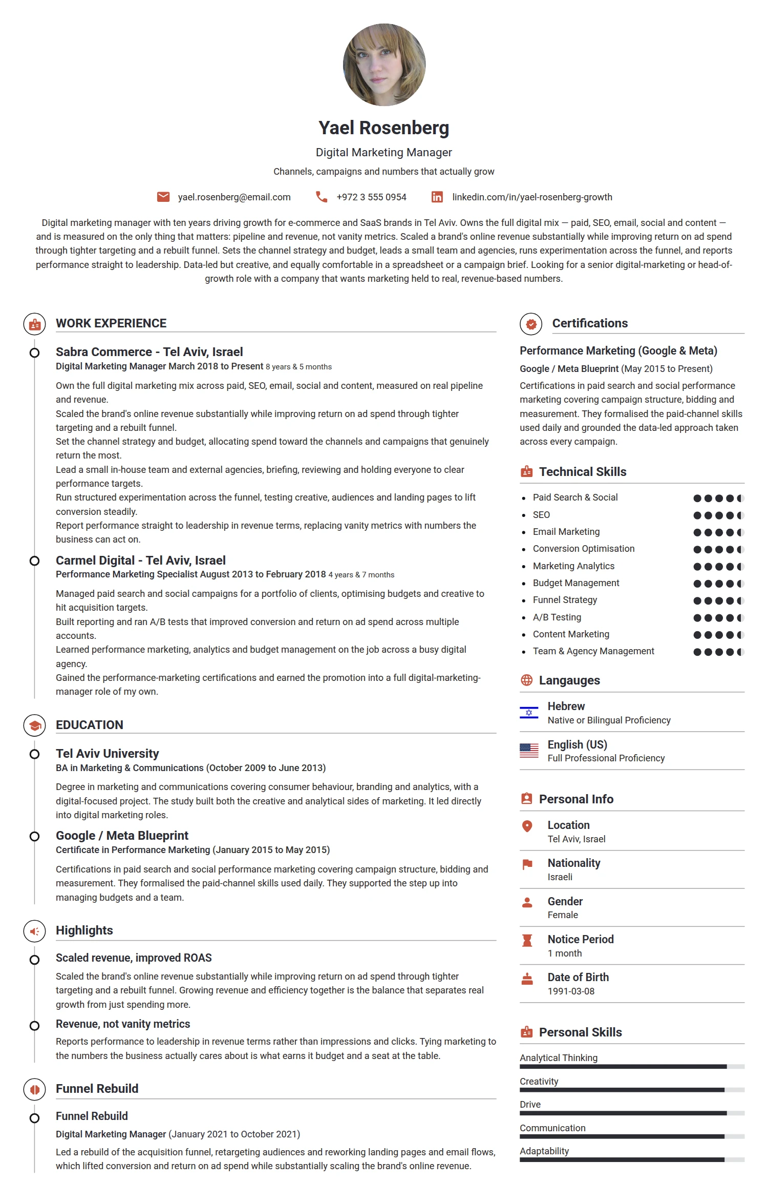 Digital Marketing Manager resume example — a professionally formatted Advertising/Marketing/PR CV sample