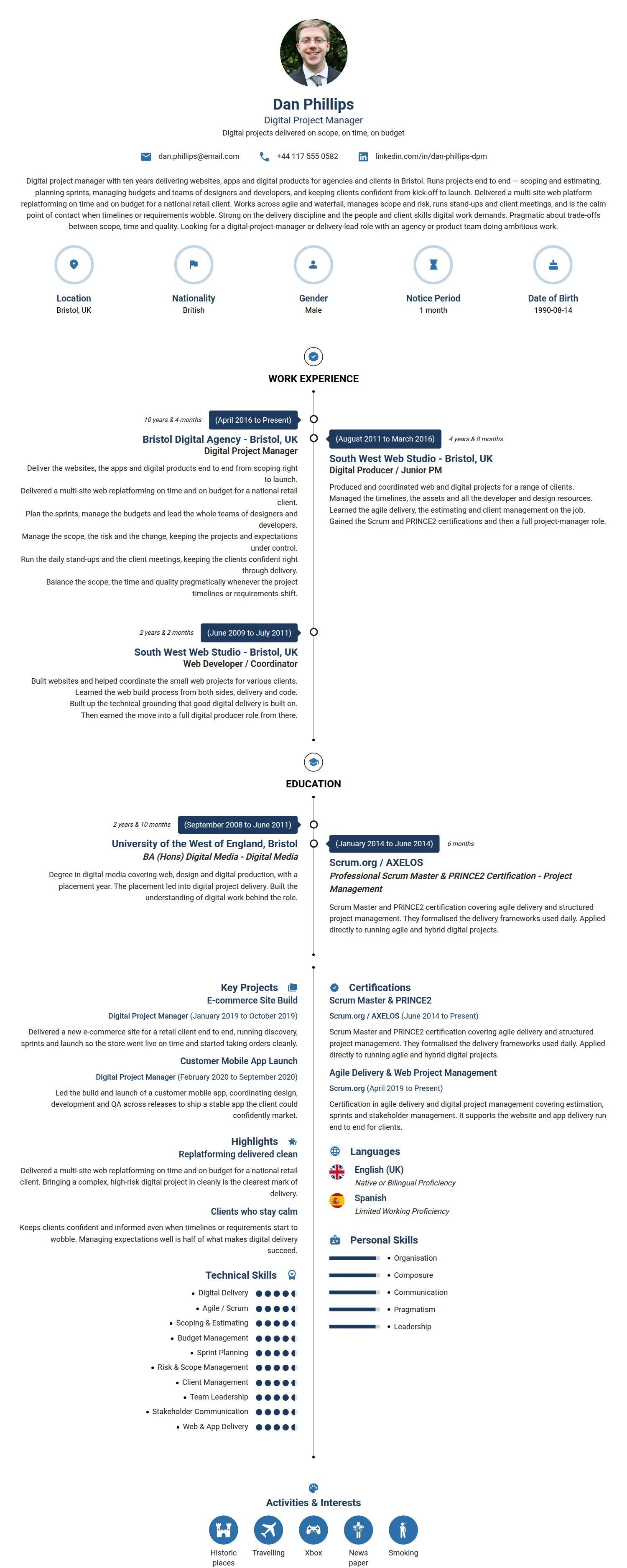 Digital Project Manager resume example — a professionally formatted Business Management CV sample