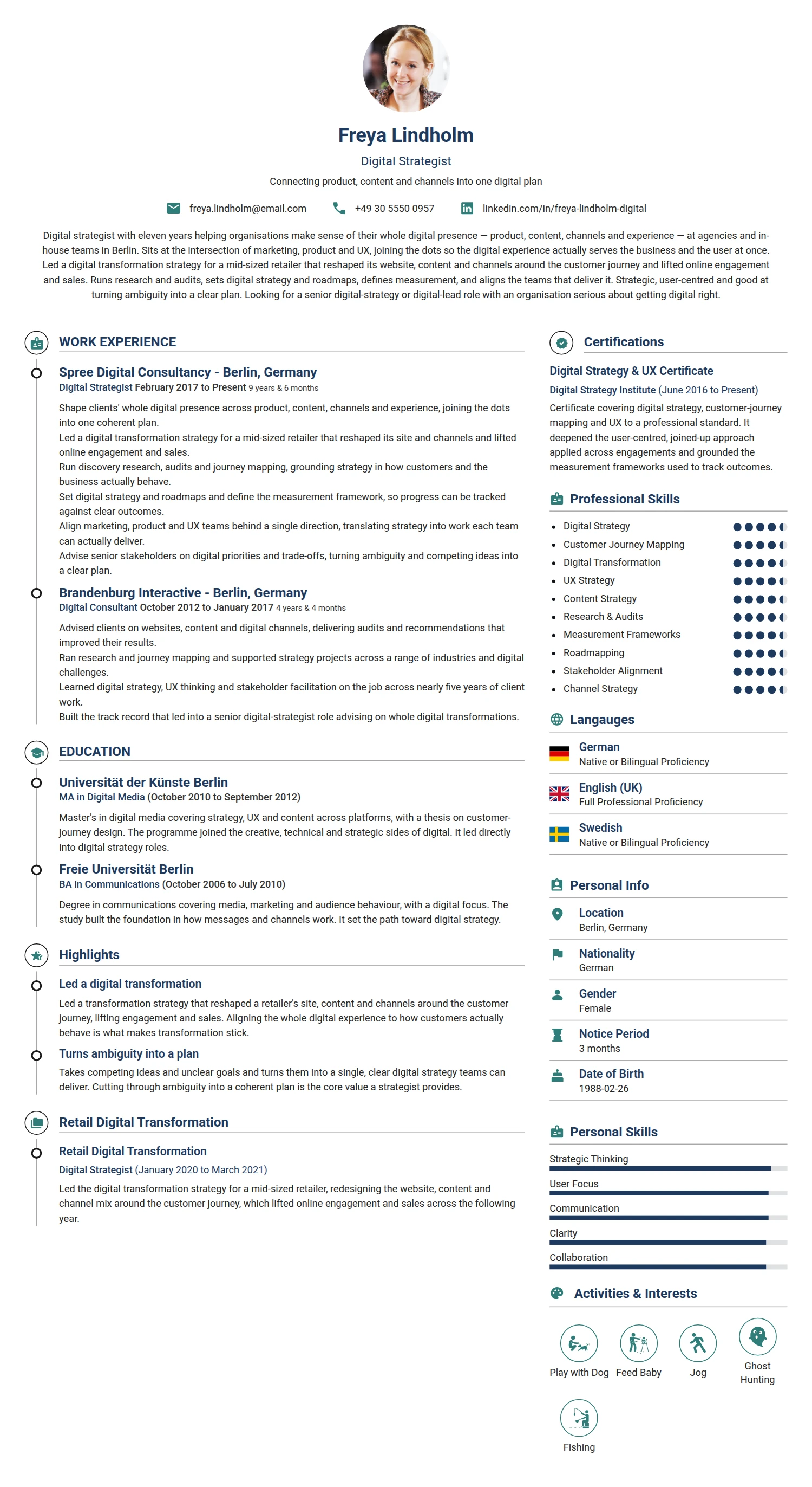 Digital Strategist resume example — a professionally formatted Advertising/Marketing/PR CV sample