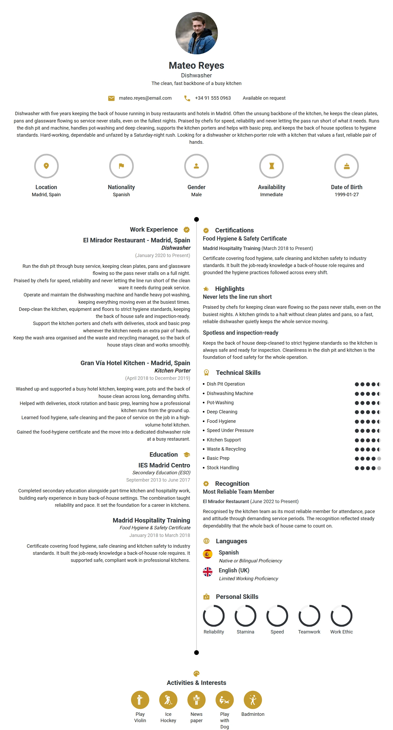 Dishwasher resume example — a professionally formatted Hospitality CV sample
