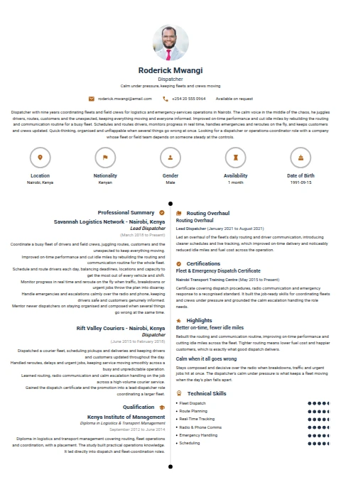 Dispatcher resume example