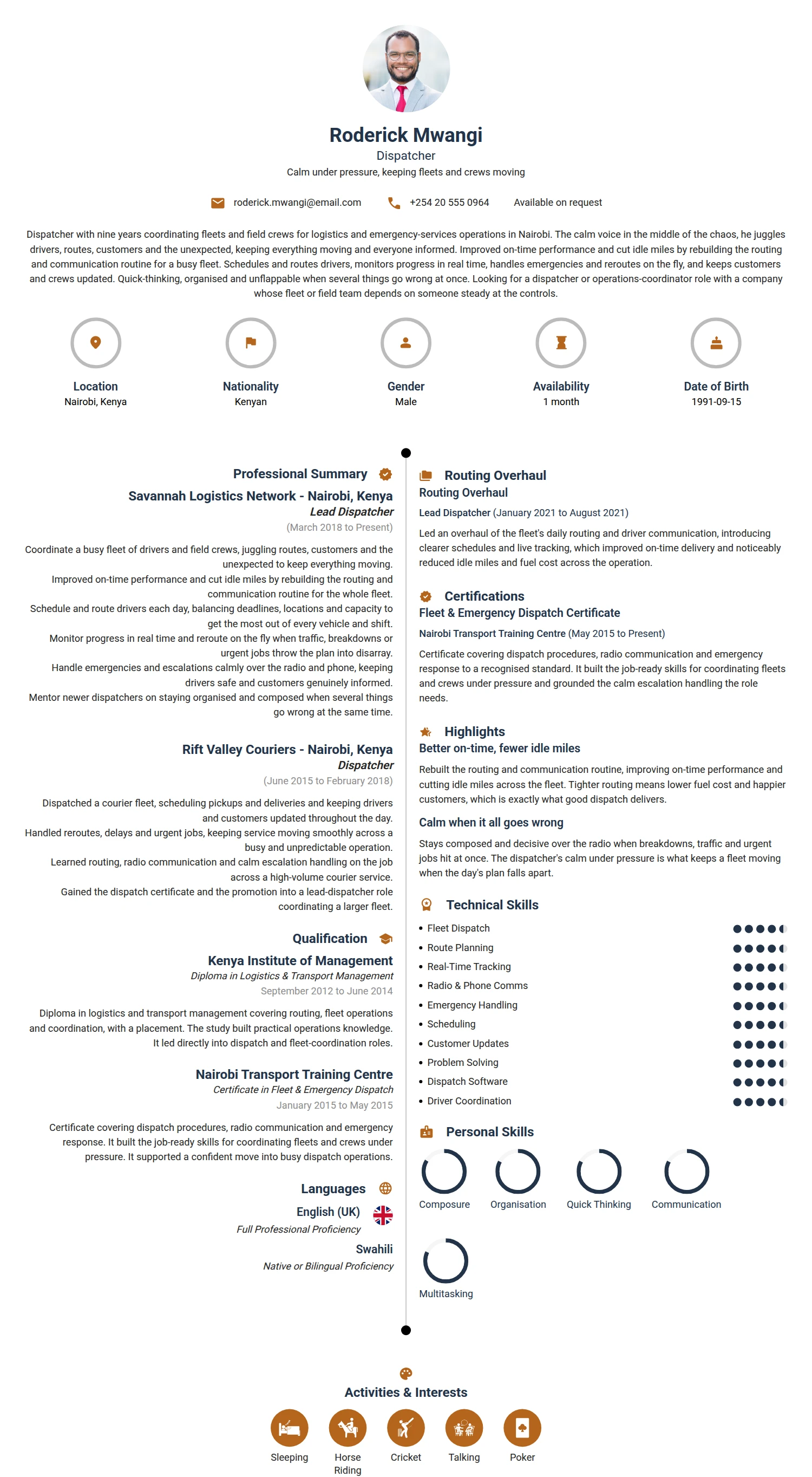 Dispatcher resume example — a professionally formatted Logistics/Supply Chain CV sample