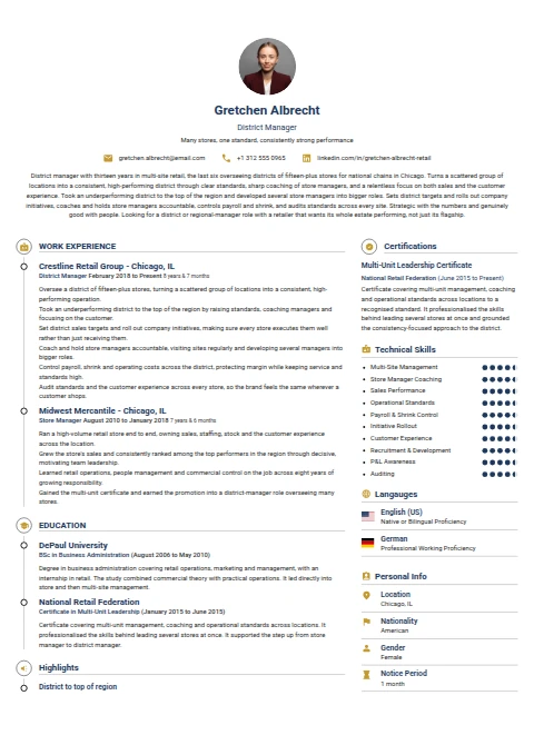 District Manager resume example