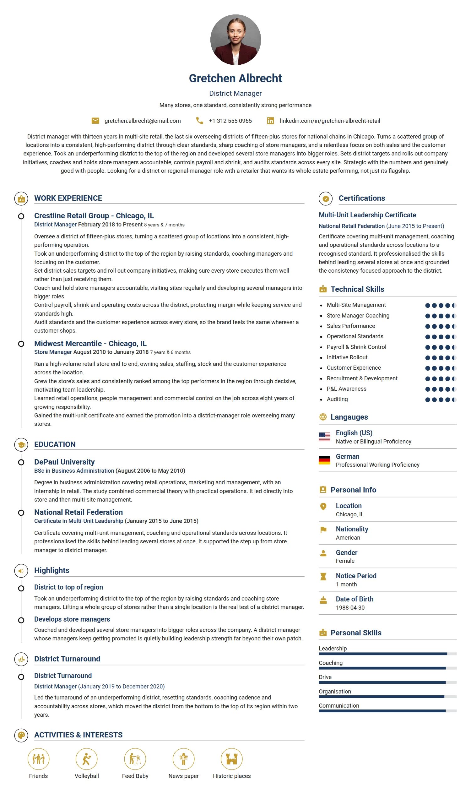 District Manager resume example — a professionally formatted Business Management CV sample