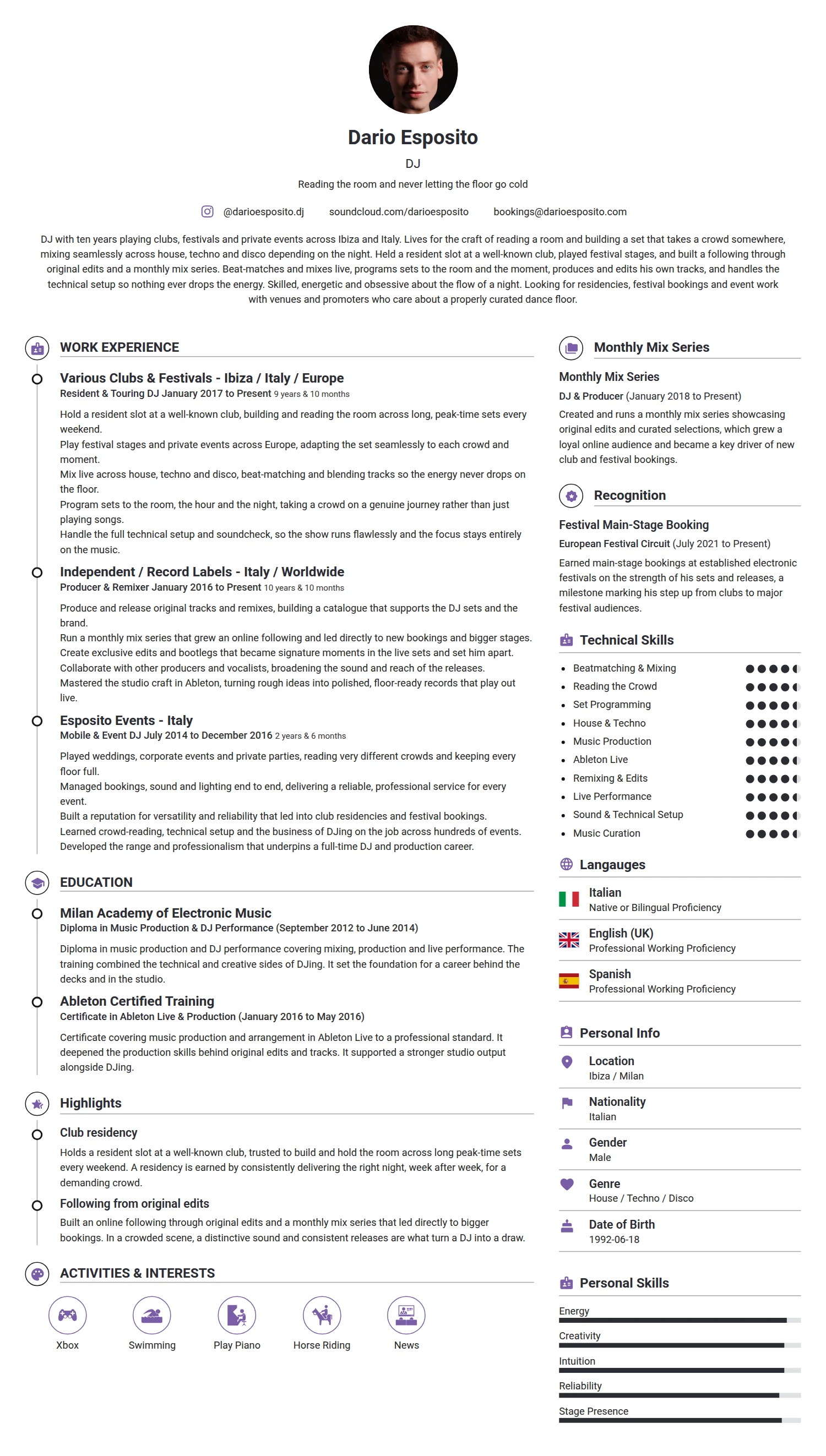 DJ resume example — a professionally formatted Art/Creative/Design CV sample