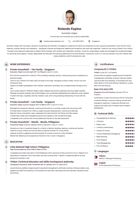 Domestic Helper resume example