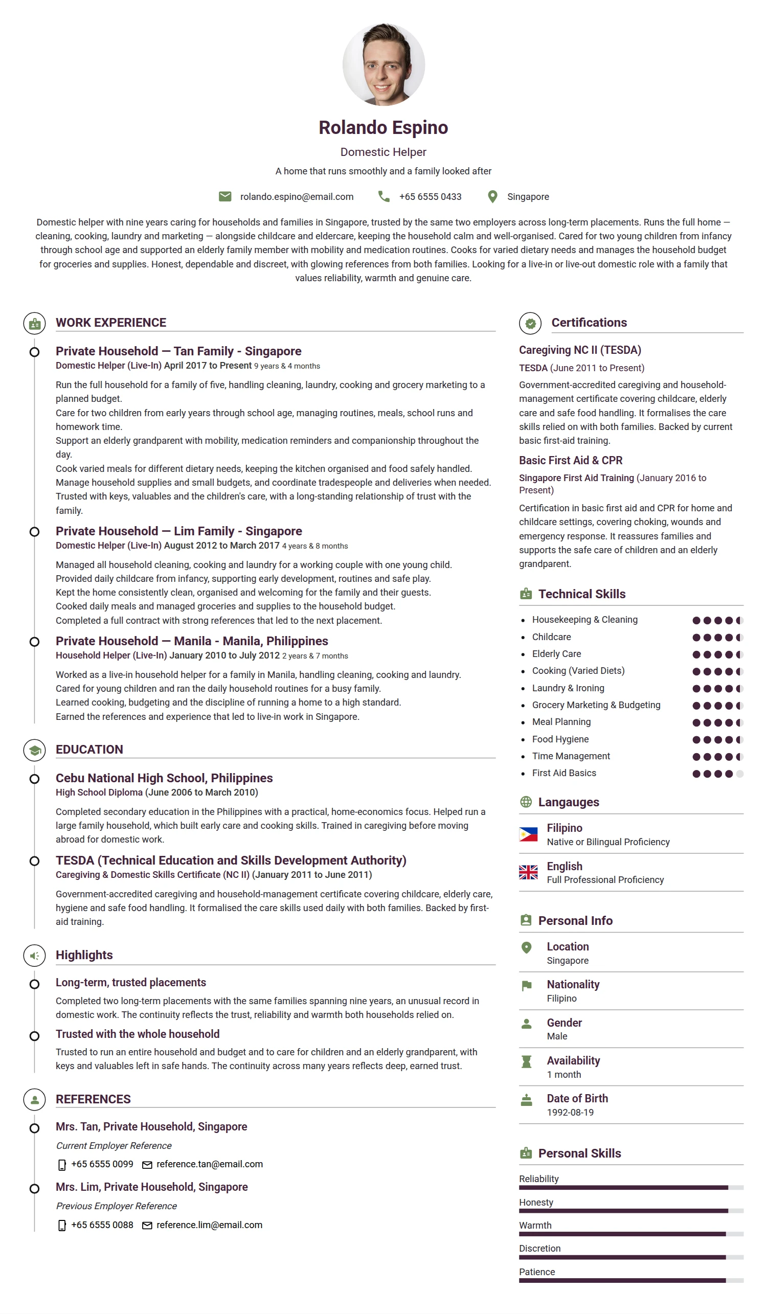Domestic Helper resume example — a professionally formatted Building/Construction CV sample