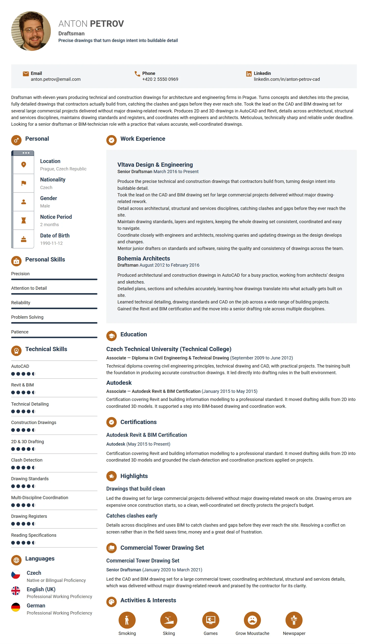 Draftsman resume example — a professionally formatted Building/Construction CV sample