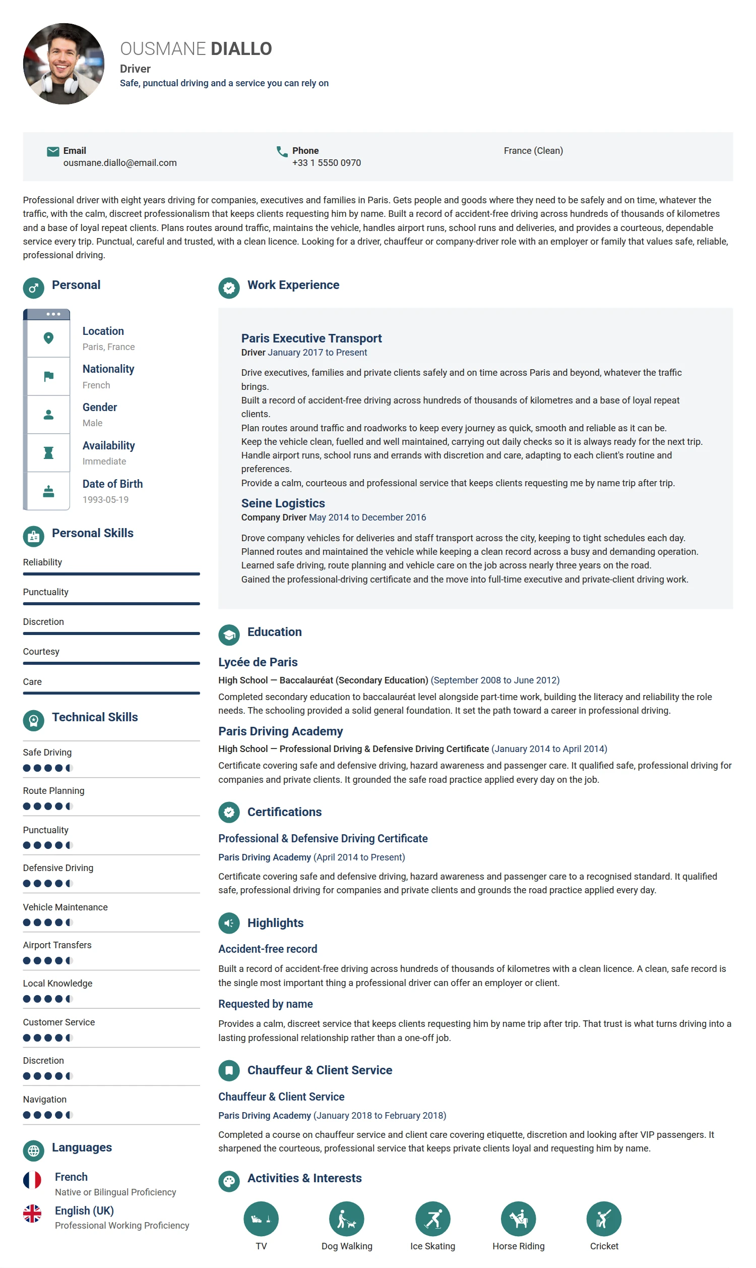 Driver resume example — a professionally formatted Transportation CV sample
