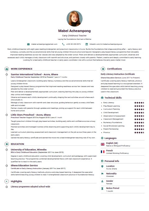 Early Childhood Teacher resume example