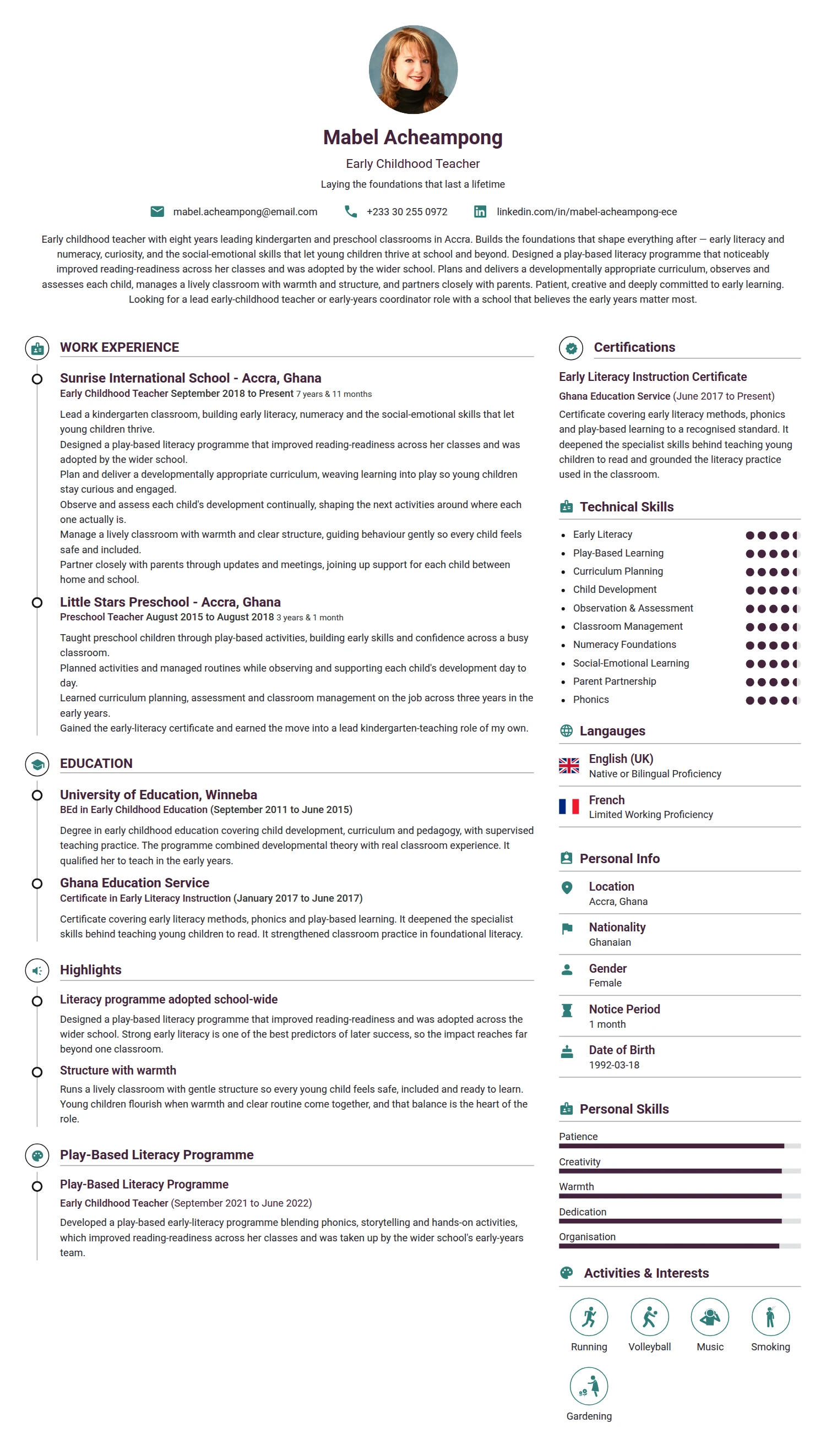 Early Childhood Teacher resume example — a professionally formatted Education CV sample