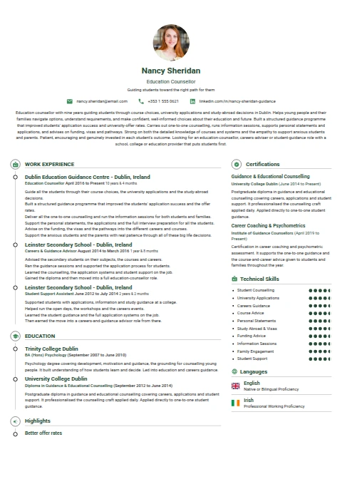 Education Counsellor resume example — a professionally formatted Education CV sample