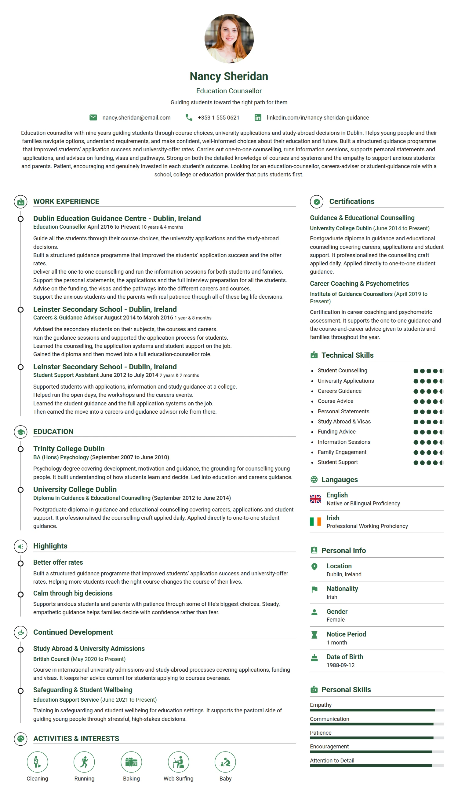Education Counsellor resume example — a professionally formatted Education CV sample
