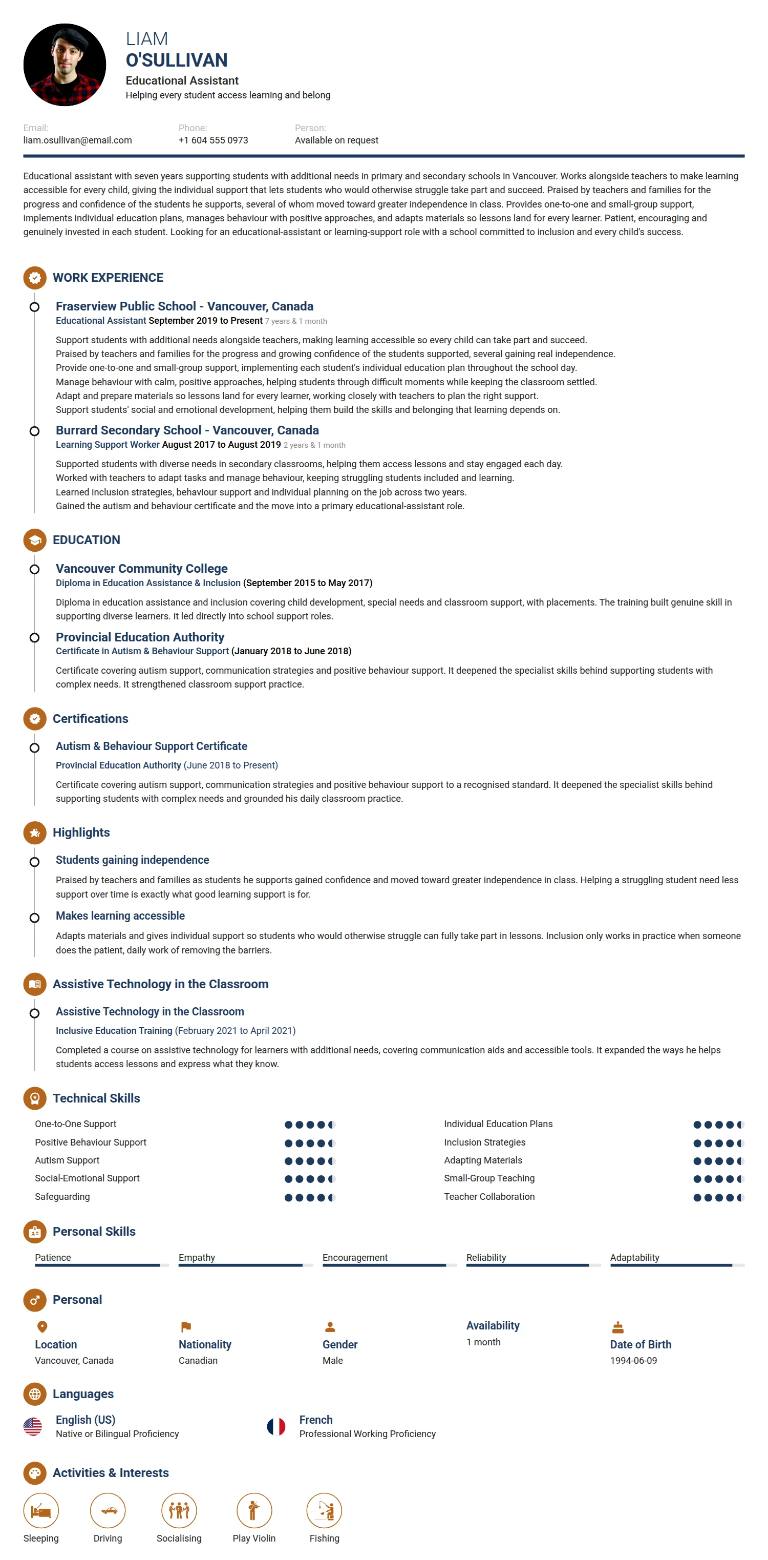 Educational Assistant resume example — a professionally formatted Education CV sample