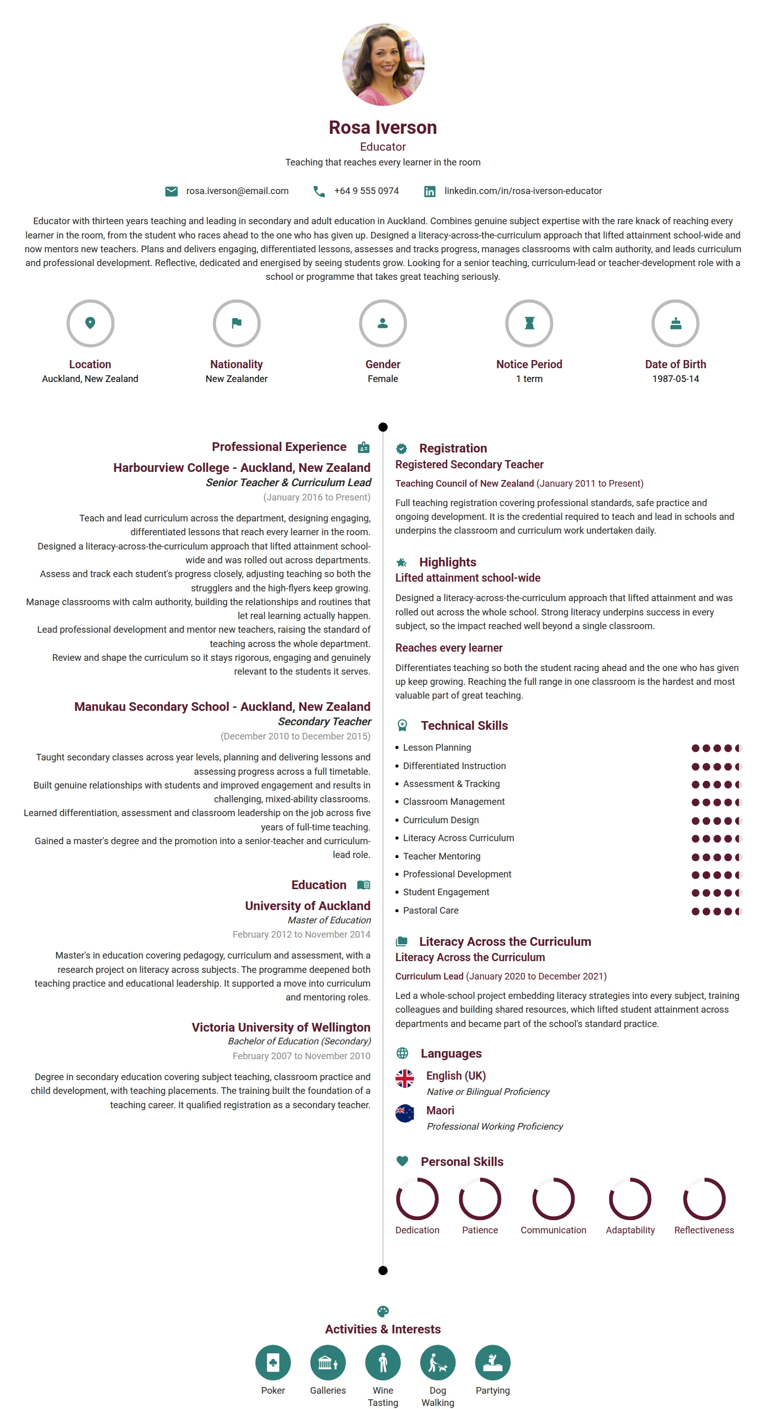 Educator resume example — a professionally formatted Education CV sample