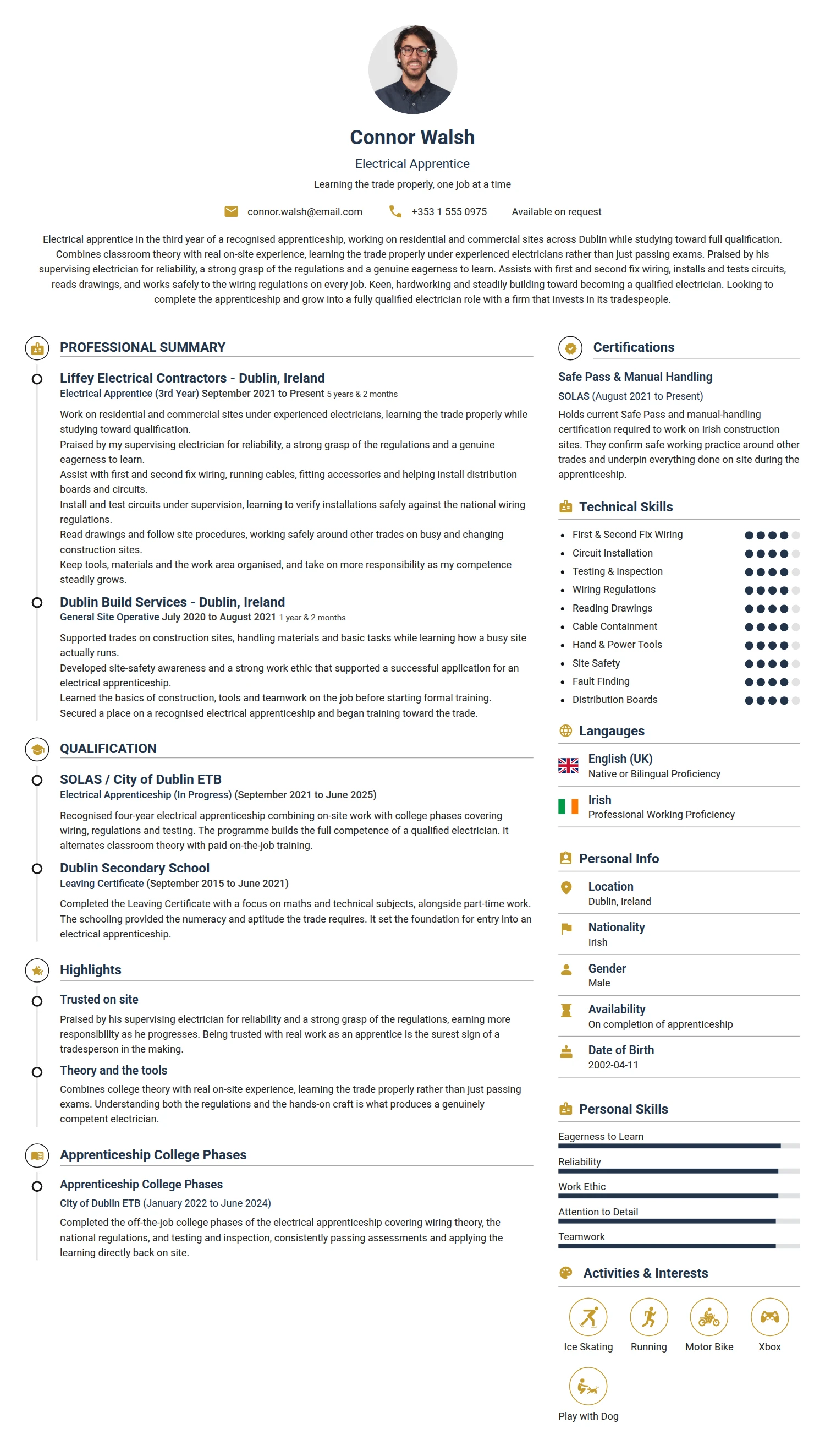 Electrical Apprentice resume example — a professionally formatted Engineering CV sample