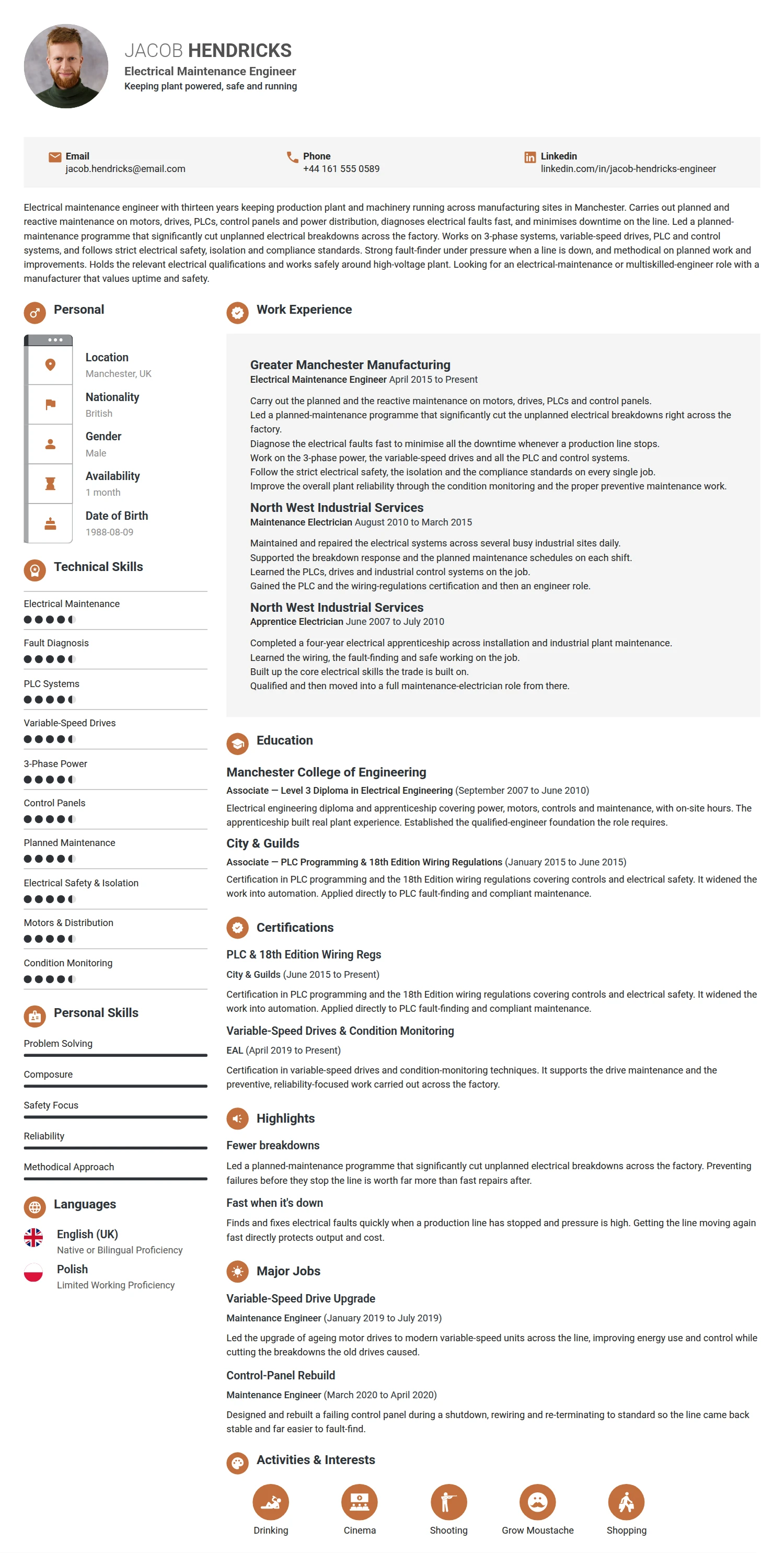 Electrical Maintenance Engineer resume example — a professionally formatted Engineering CV sample