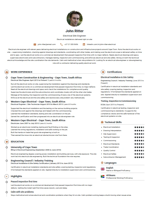 Electrical Site Engineer resume example