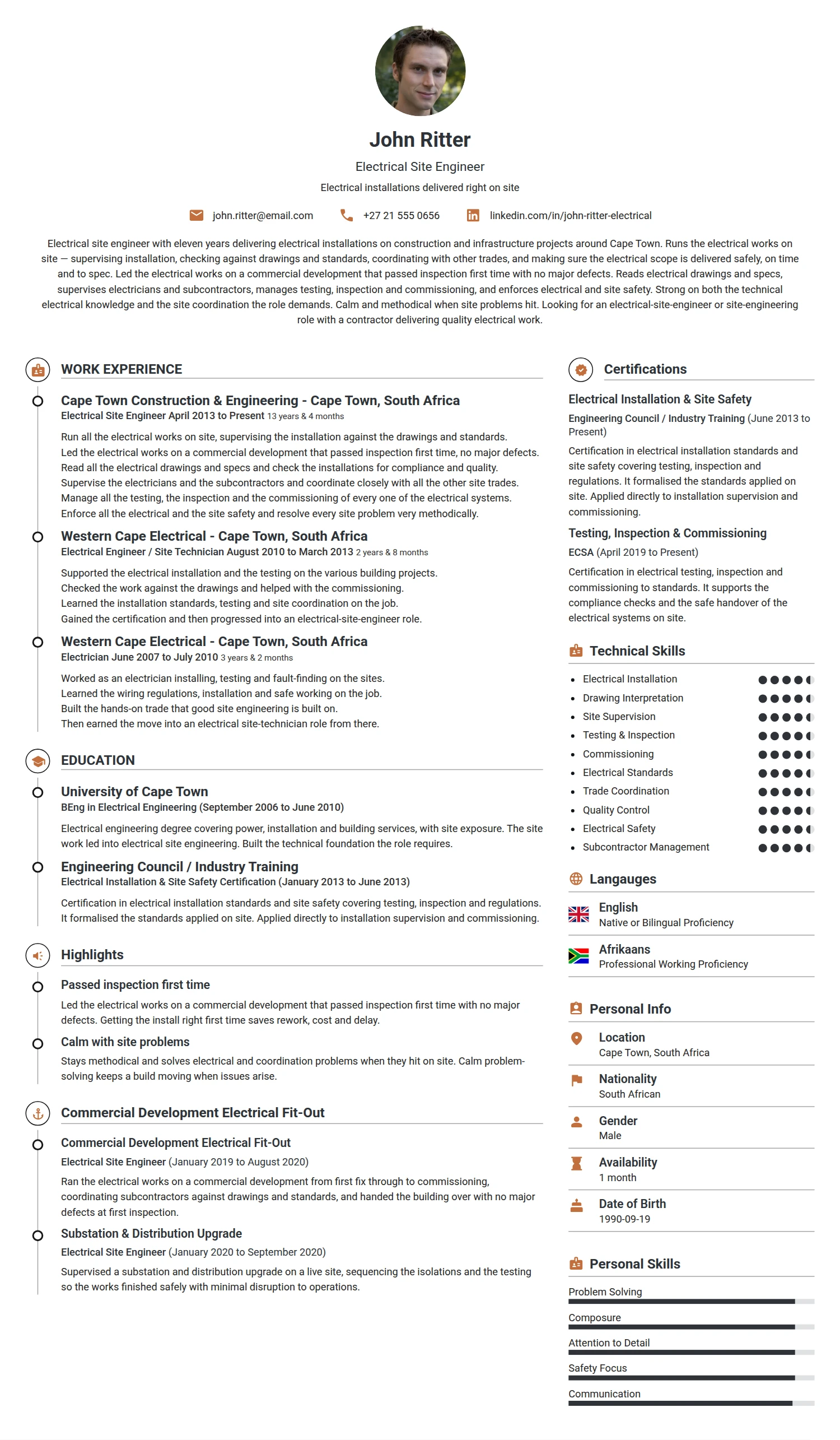 Electrical Site Engineer resume example — a professionally formatted Engineering CV sample