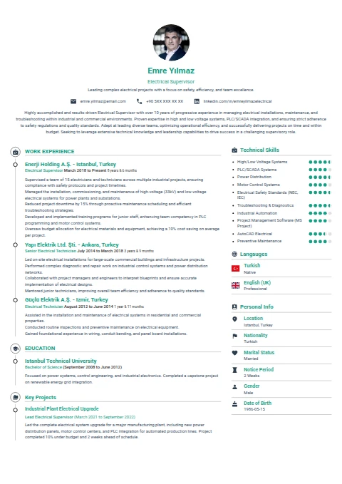 Electrical Supervisor resume example — a professionally formatted Administration CV sample