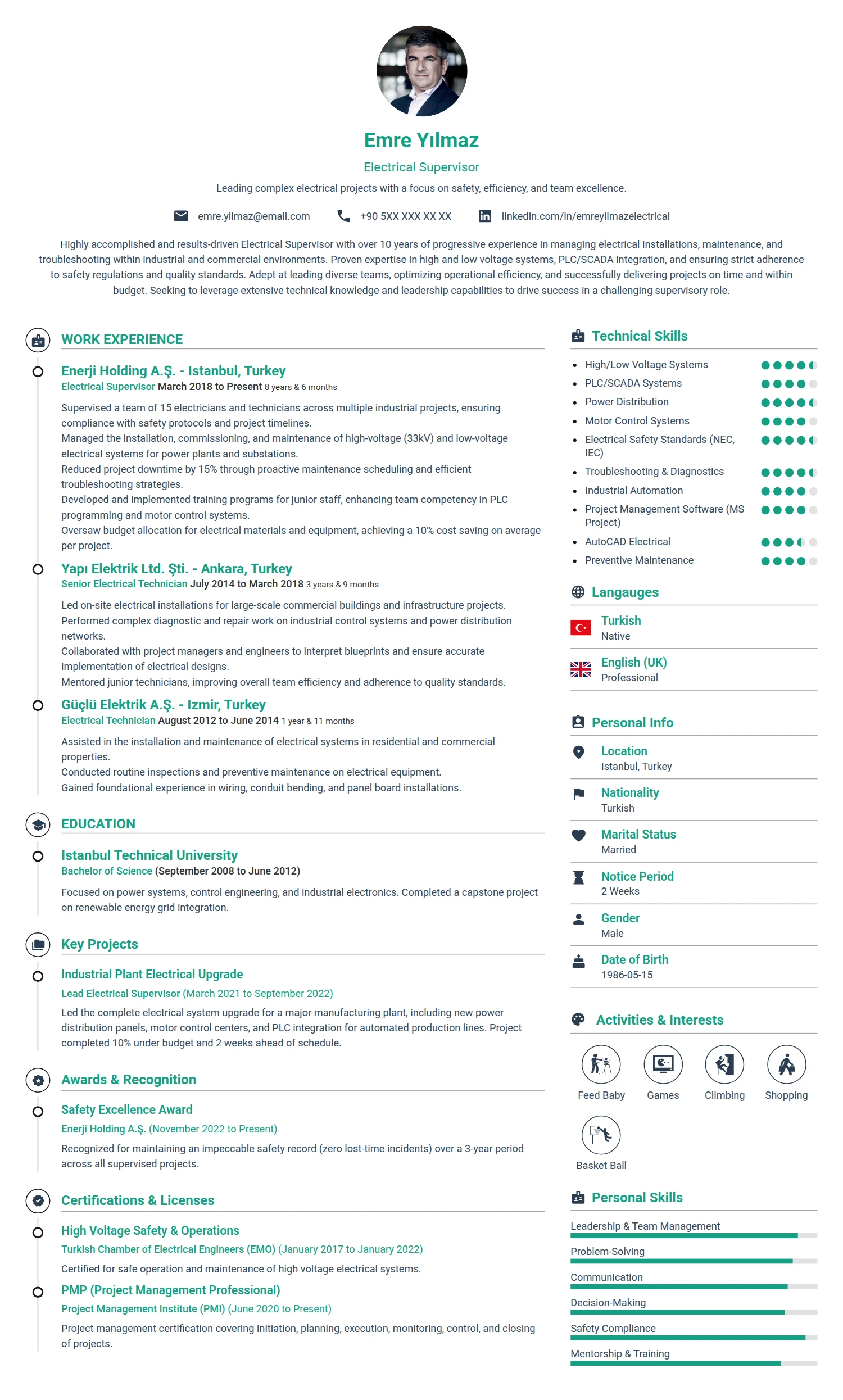 Electrical Supervisor resume example — a professionally formatted Administration CV sample