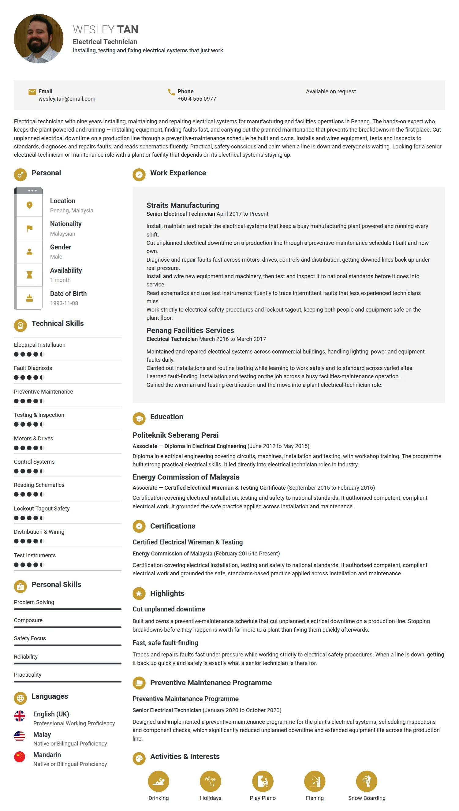 Electrical Technician resume example — a professionally formatted Maintenance/Repair CV sample