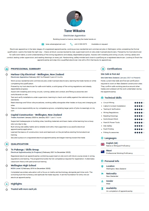 Electrician Apprentice resume example