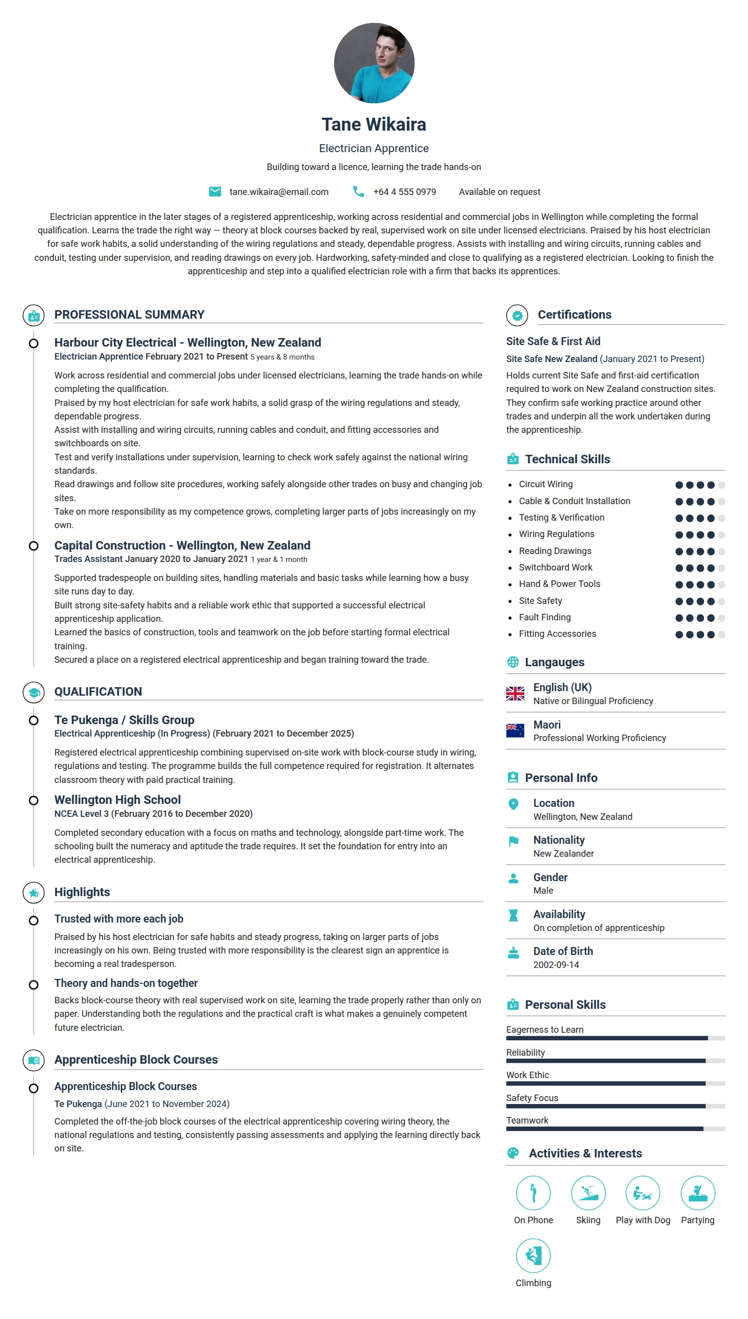 Electrician Apprentice resume example — a professionally formatted Engineering CV sample
