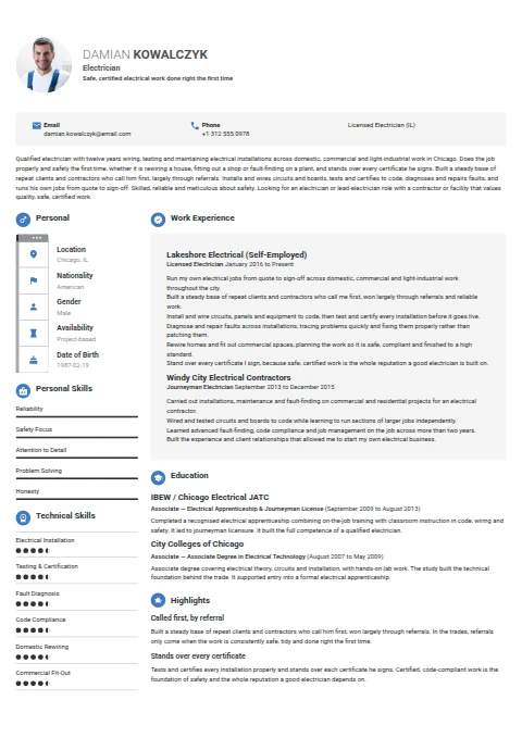 Electrician resume example