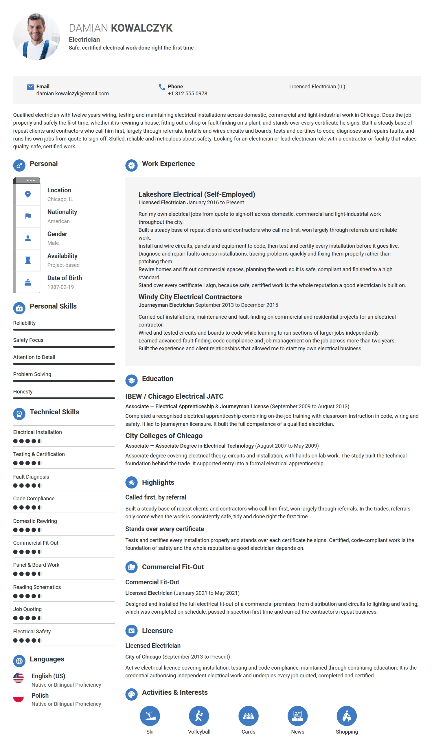 Electrician resume example — a professionally formatted Maintenance/Repair CV sample