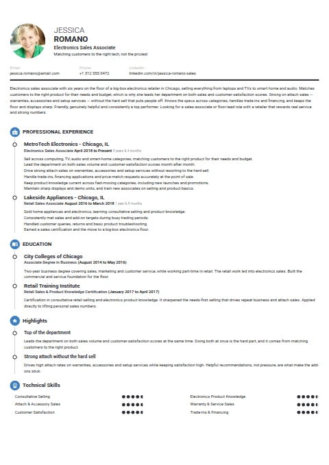 Electronic Sales Associate resume example