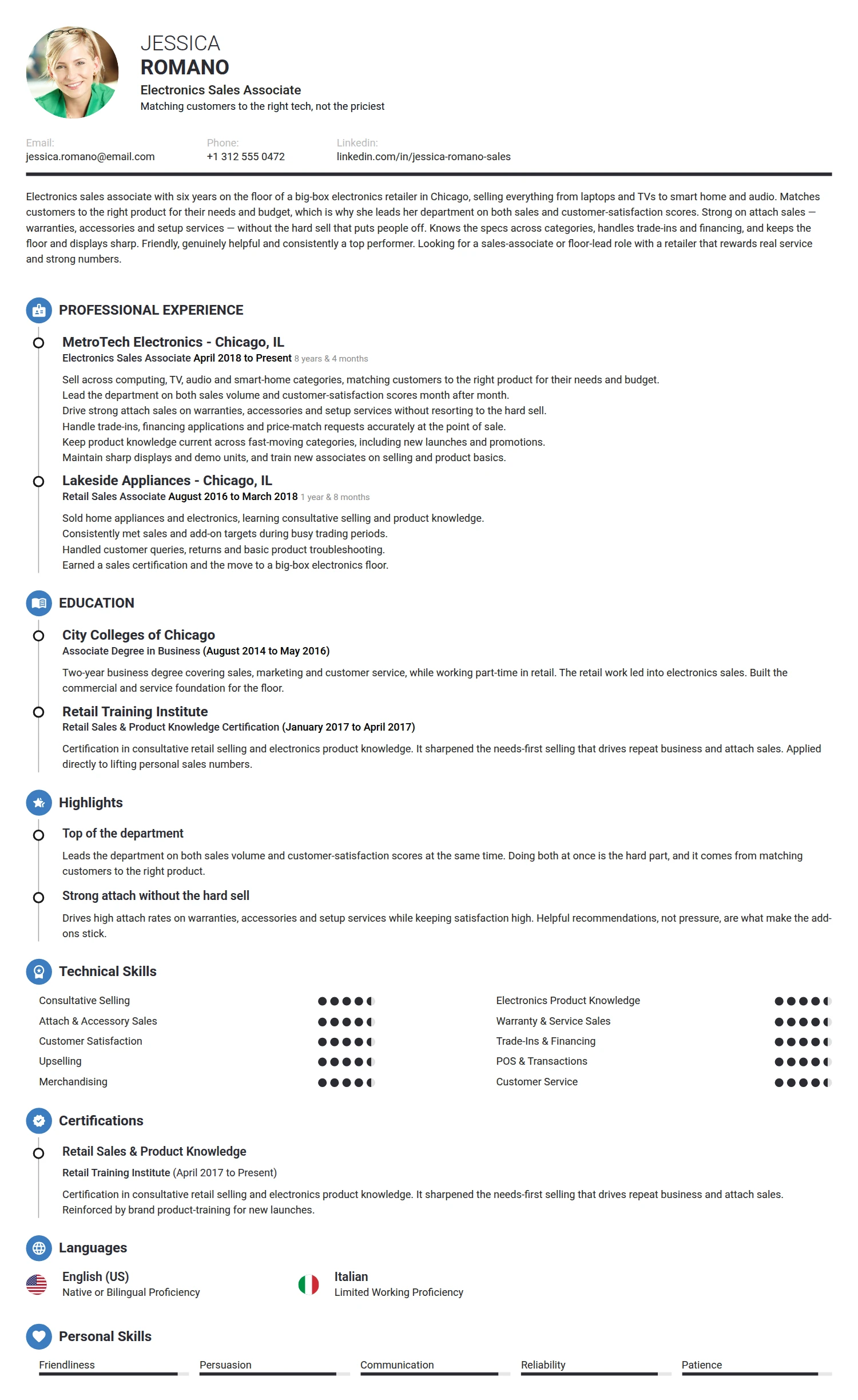 Electronic Sales Associate resume example — a professionally formatted Sales CV sample