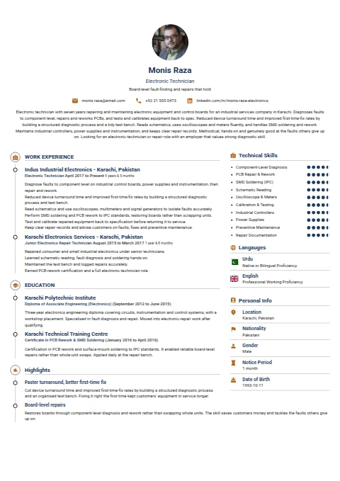 Electronic Technician resume example